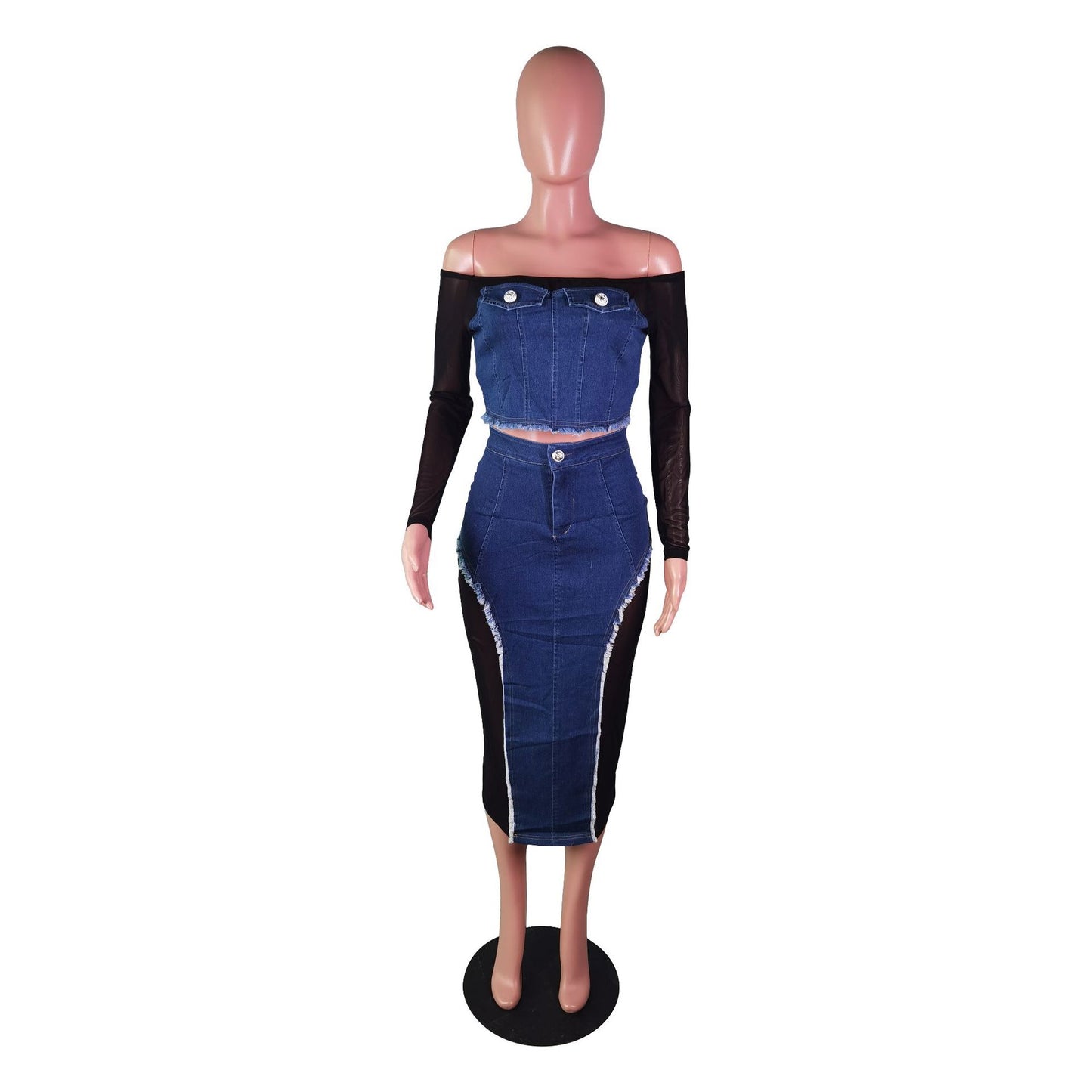 Women's Fashion Mesh Denim Stitching See-through Tube Top Skirt Two-piece Set