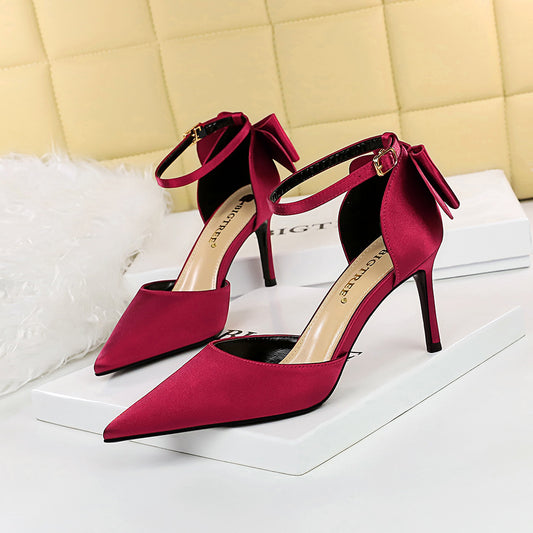 Sweet High-heeled Shallow Pointed Satin Hollow Back Bow With Sandals