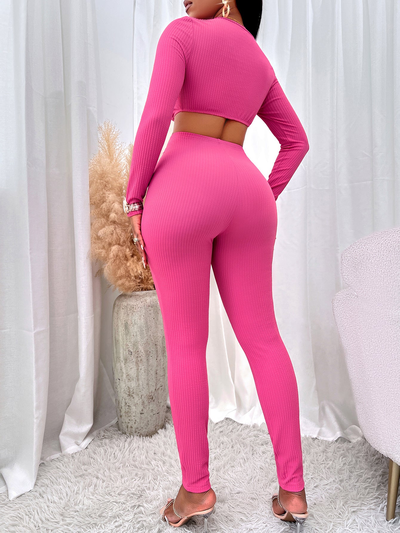 Women's Solid Color And V-neck Long Sleeve Slim-fit Pants Suit