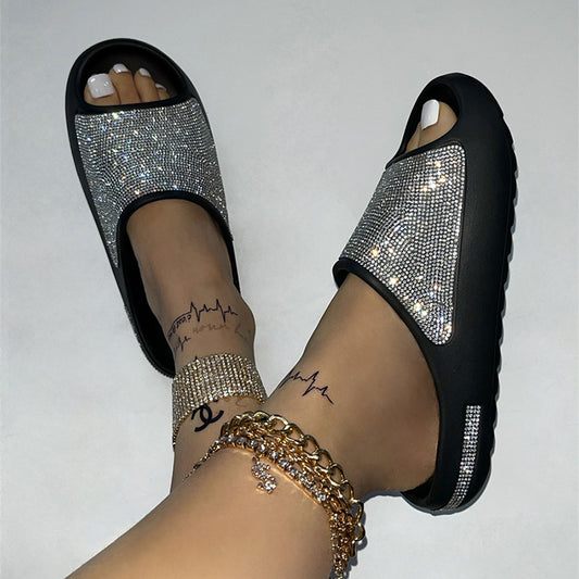 Rhinestone Slippers Women PeepToe Thick Sole Shoes Fashion Slides Summer