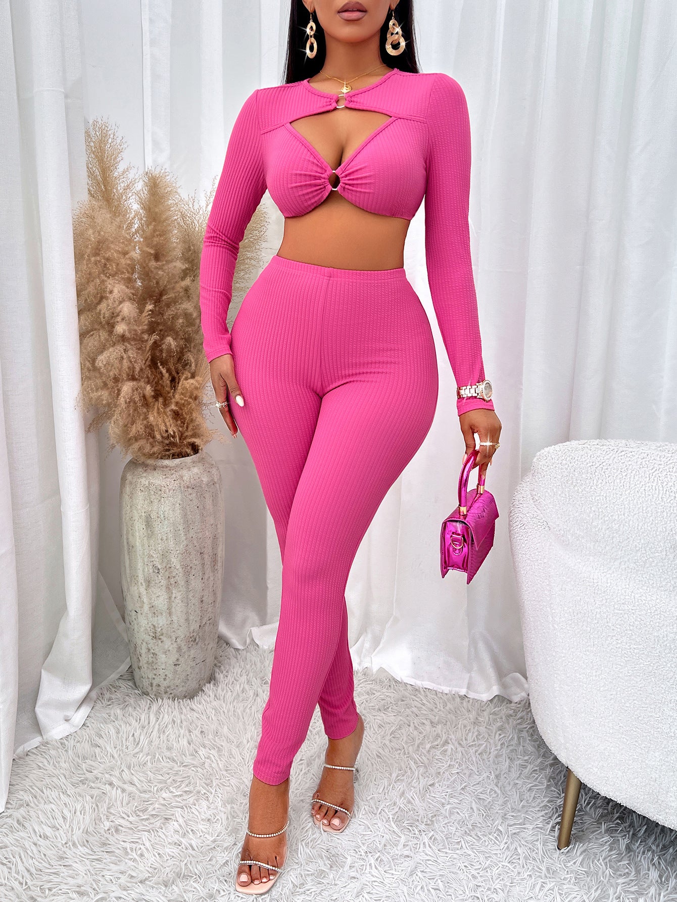 Women's Solid Color And V-neck Long Sleeve Slim-fit Pants Suit