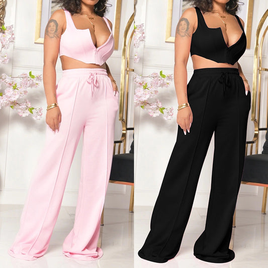 European And American Women's Clothing Solid Color Sexy Top Loose Mop Wide Leg Pants Two-piece Set