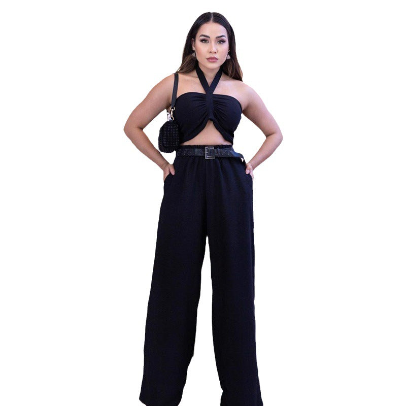 Women's Fashion Casual Sleeveless Lace-up Top Elastic Waist Pants Two-piece Set