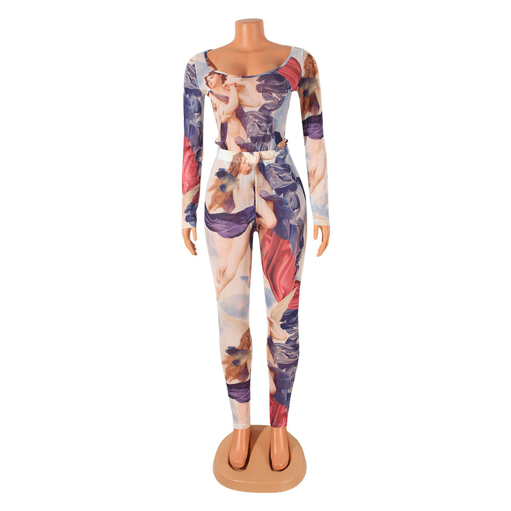 Mesh See-through Long Sleeve Jumpsuit Printed Two-piece Suit