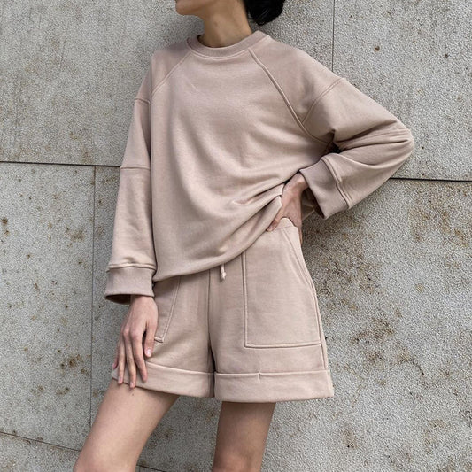 Women's Fashion Casual Solid Color Round Neck Long Sleeve Sweater Shorts Set