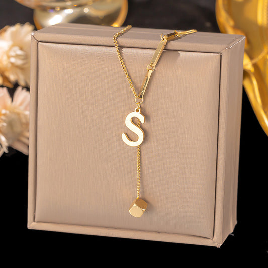 Necklace Ornament Titanium Steel Tassel 26 Letters Female Small Square Pendant Graceful Personality Jewelry